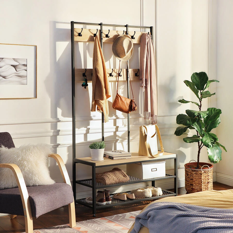 ACAZA Garderoberek Met Bankje, 100cm Breed, Kapstok En Schoenenrek - Lichte Eik 4 ACAZA Garderoberek Met Bankje, 100cm Breed, Kapstok En Schoenenrek - Lichte Eik - Afbeelding 2