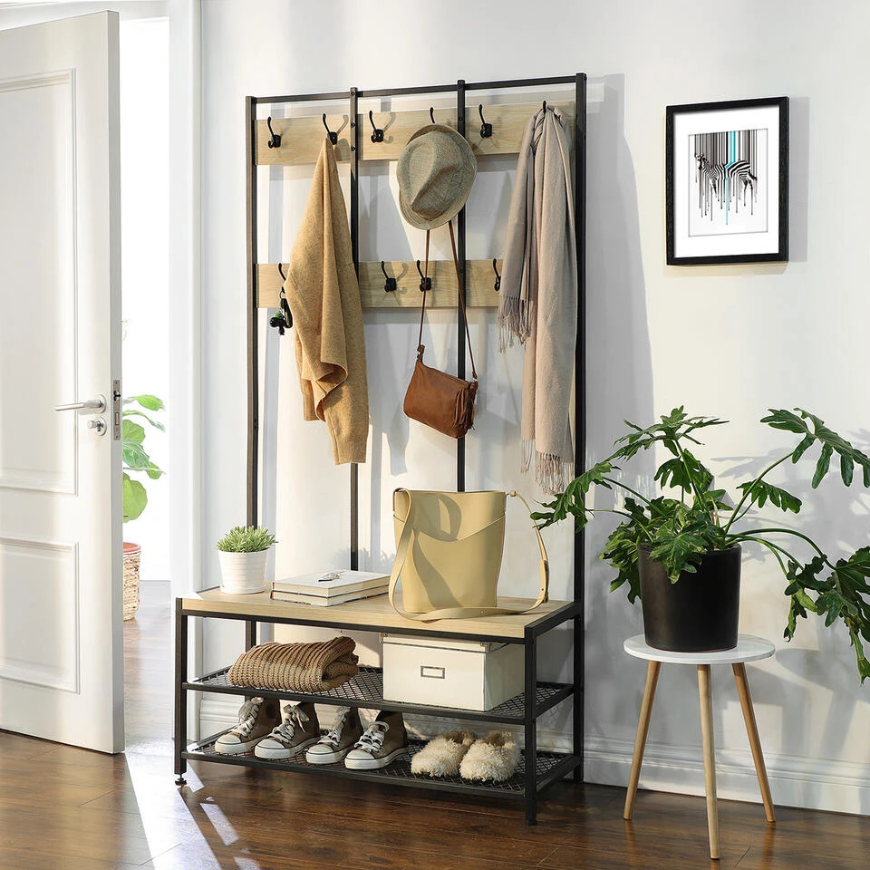 ACAZA Garderoberek Met Bankje, 100cm Breed, Kapstok En Schoenenrek - Lichte Eik 5 ACAZA Garderoberek Met Bankje, 100cm Breed, Kapstok En Schoenenrek - Lichte Eik - Afbeelding 3