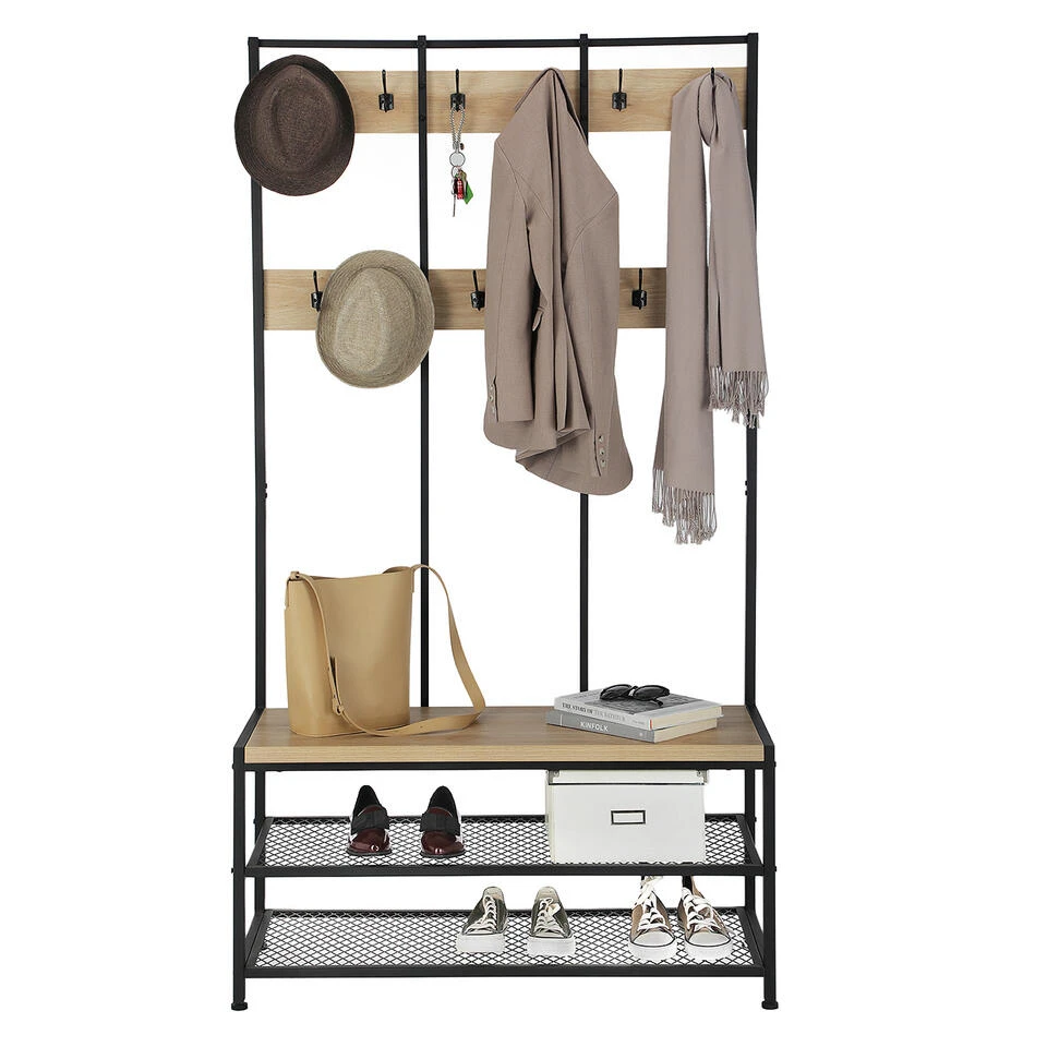 ACAZA Garderoberek Met Bankje, 100cm Breed, Kapstok En Schoenenrek - Lichte Eik 3 ACAZA Garderoberek Met Bankje, 100cm Breed, Kapstok En Schoenenrek - Lichte Eik