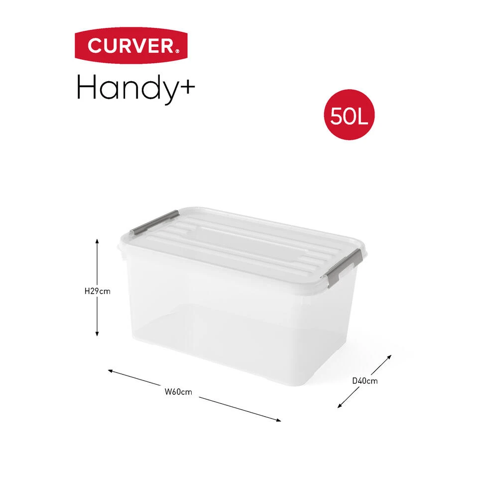 Curver Handy+ Opbergbox - 50L - 3 Stuks - Transparant Met Deksel 4 Curver Handy+ Opbergbox - 50L - 3 Stuks - Transparant Met Deksel - Afbeelding 2